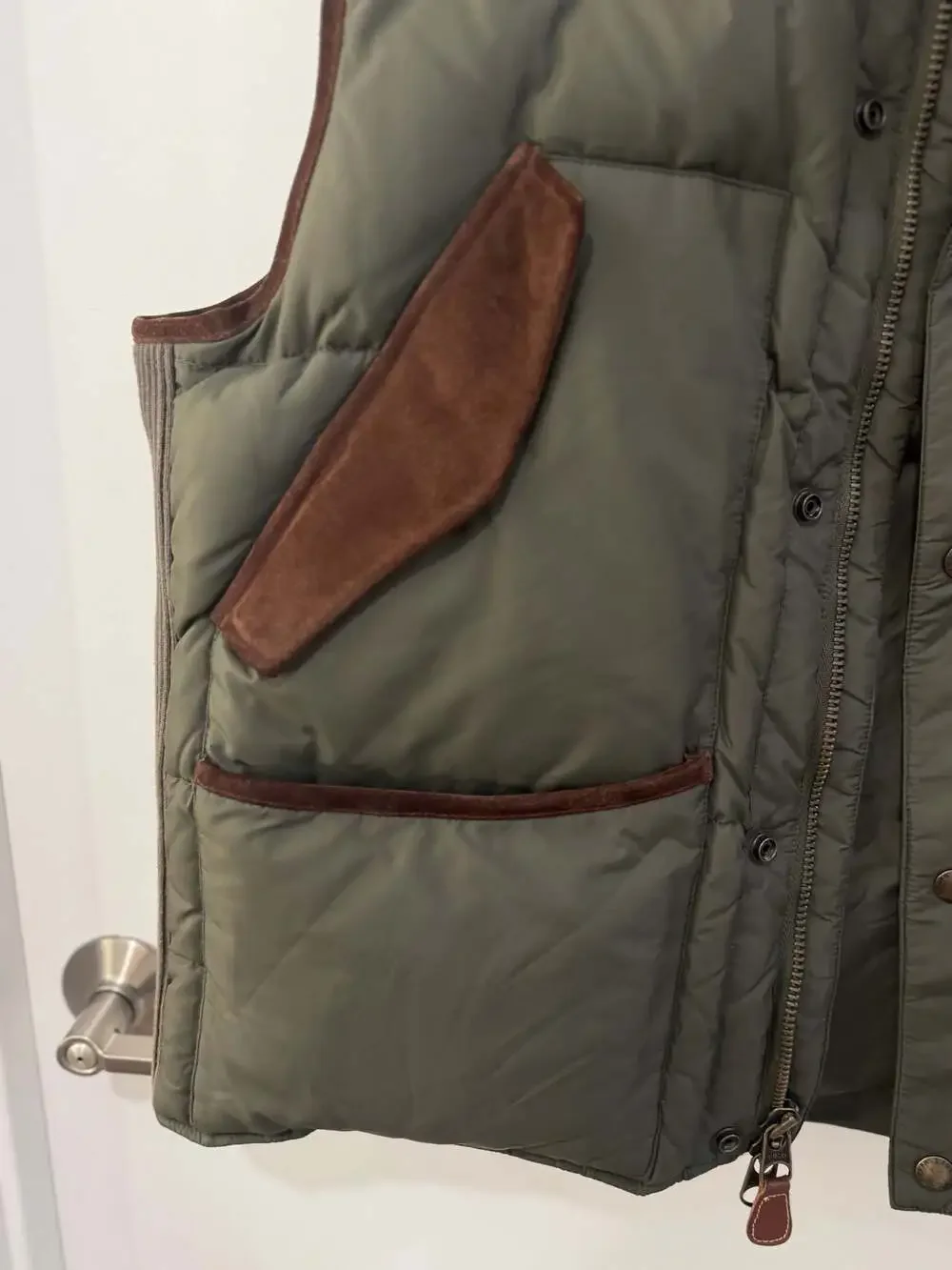 Polo Ralph Lauren Olive Green Down Puffer Vest with Suede Shoulder and Pocket Ac